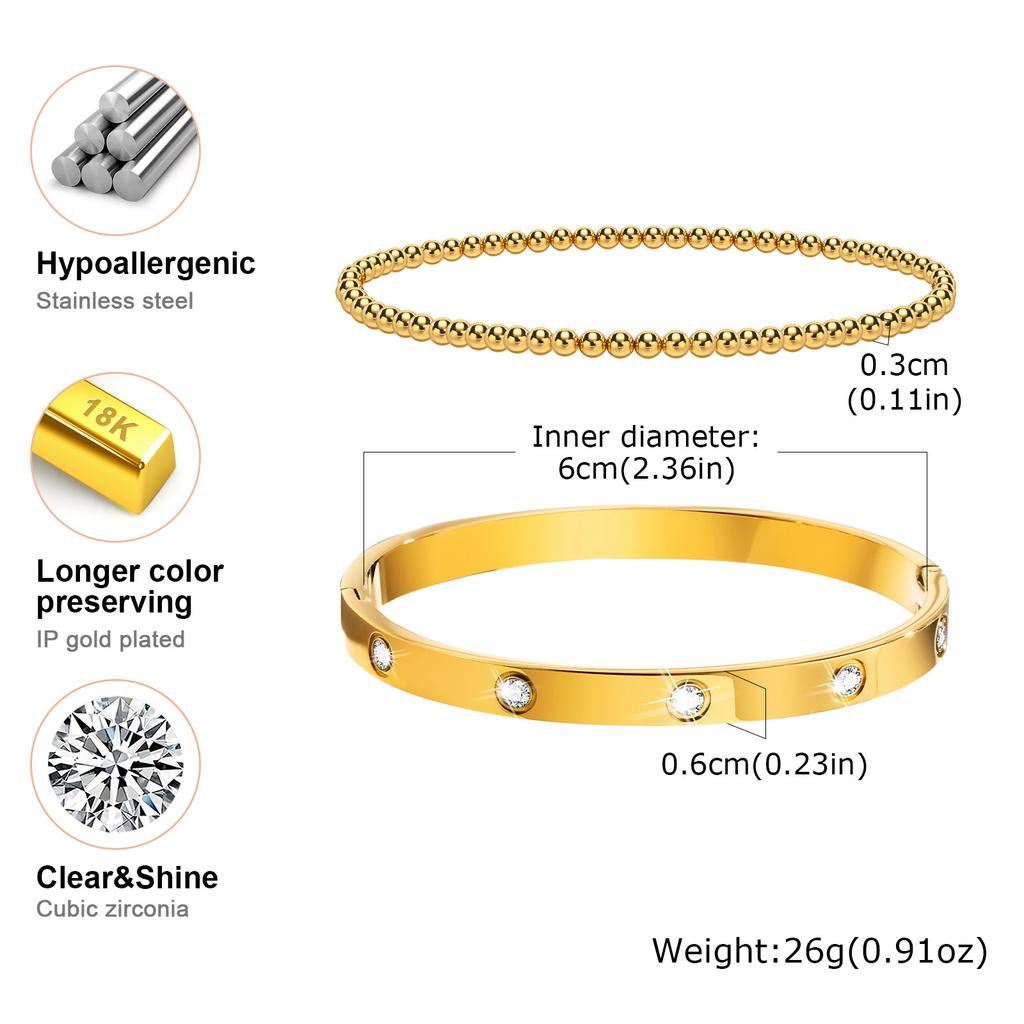 Vnox 2-8mm Women Bracelets Set, Simple Stacked Gold Plated Stainless Steel Beads Bracelets , Glam Love Gift Cuff Bangles for Her