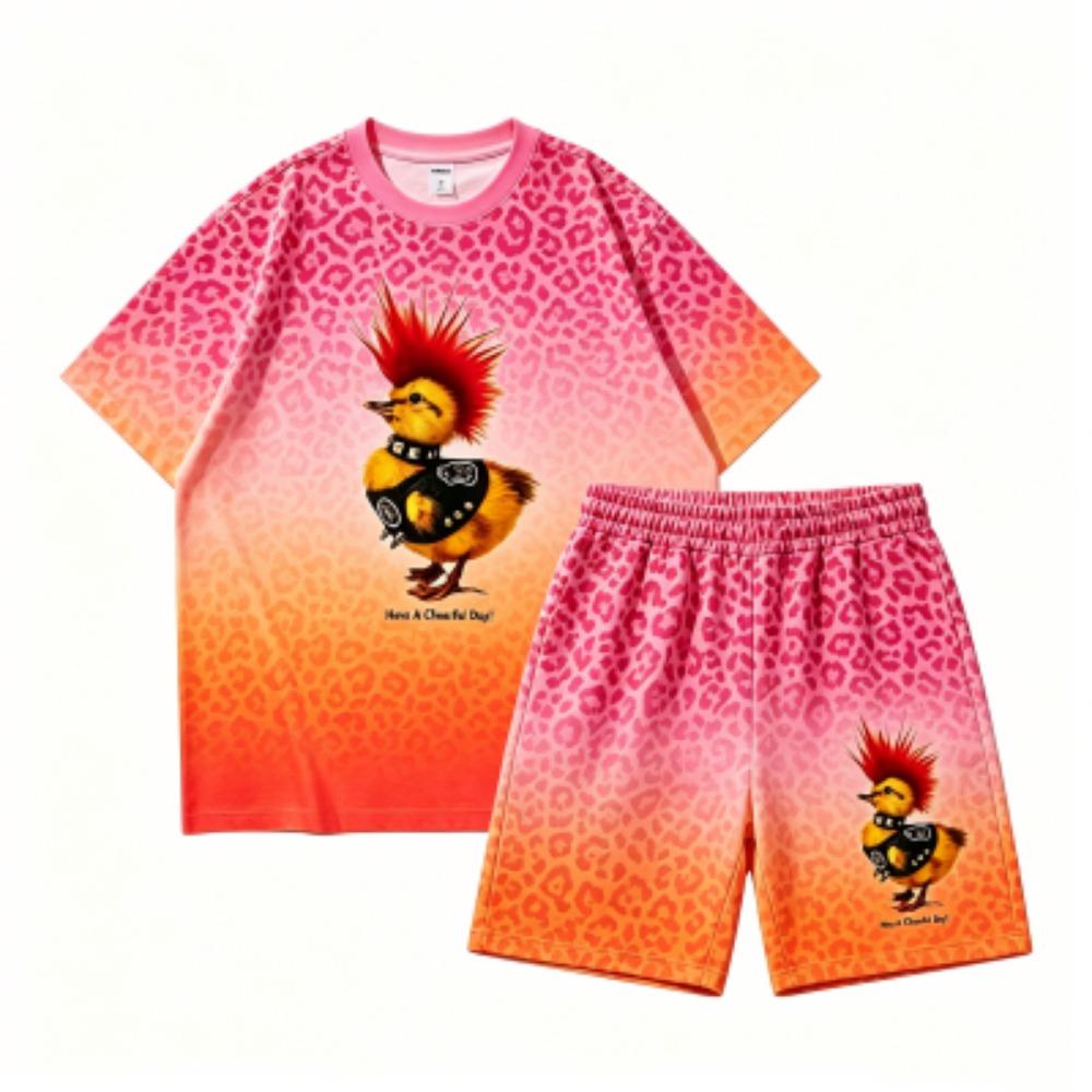 Fashion Hip Hop Chicken Printed Outdoor Street Women's T-shirt and Shorts 2 Piece Set Summer Casual Outfit Men's and Women's Sports Set