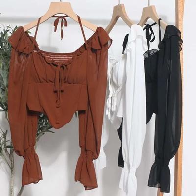 Mode Halter-Backless Chiffon Hemd Frauen Sommer Sexy Flare Hülse Rüschen Bluse Elastische Taille Schlank Damen Crop Top 27722