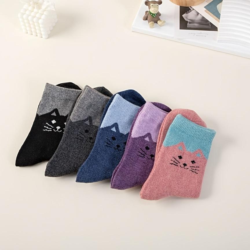 5 pairs of mixed color autumn and winter thick and warm cat head cartoon rabbit blended midsole women's socks