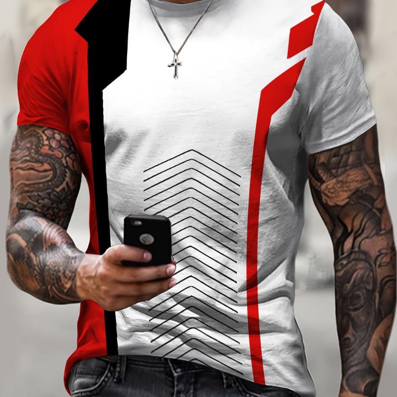 Camiseta casual masculina com blocos de cores, estampa 3D, gola redonda, manga curta, camiseta grande, roupas masculinas, tops, streetwear, verão