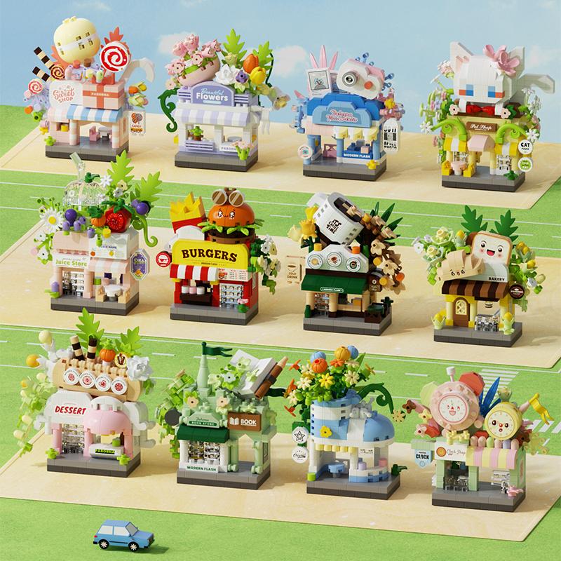 Mini Street View Kaffee Fotostudio Haustier Brot Dessert Blume Hamburger Kleine Läden Stadt Bausteine Für Kinder Spielzeug Geschenke