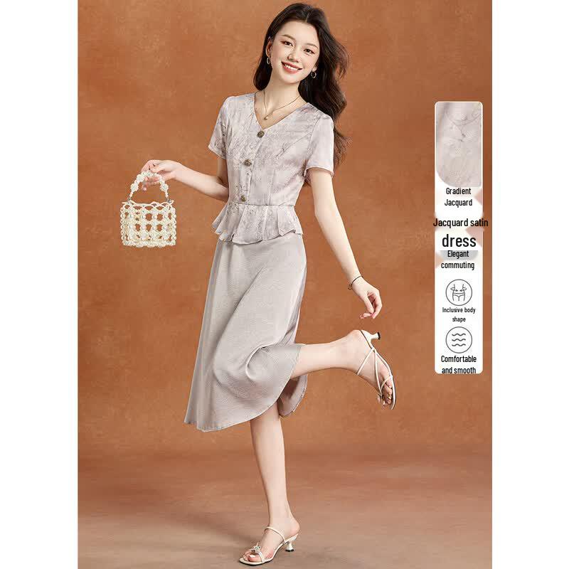 Elegant Jacquard Print V-Neck Midi Dress with Ruffle Hem L