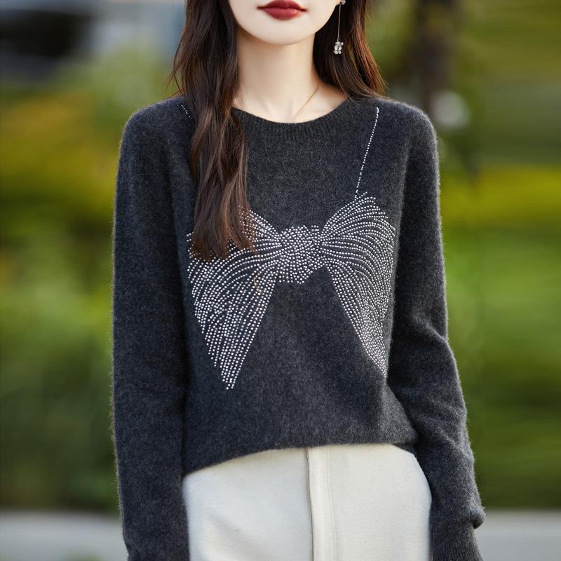 Женский осенне-зимний вязаный свитер с круглым вырезом и длинными рукавами элегантные топы с бантом для поездок на работу XXS серый 2588₽