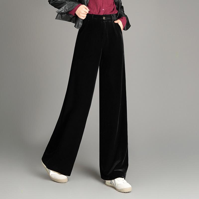 Women's Gold Velvet High-Waisted Wide-Leg Pants - Spring 2026 Slimming, Straight-Leg, Solid Color, Long and Versatile.