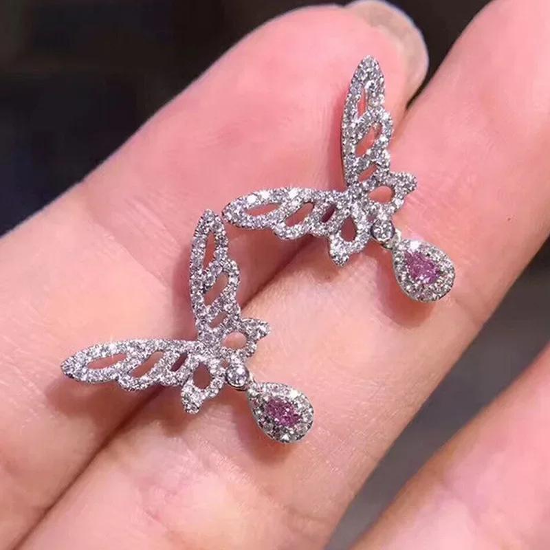 Elegant Light Luxury Pink Zircon Earrings for Women High-End Temperament Trendy Zircon Accessory
