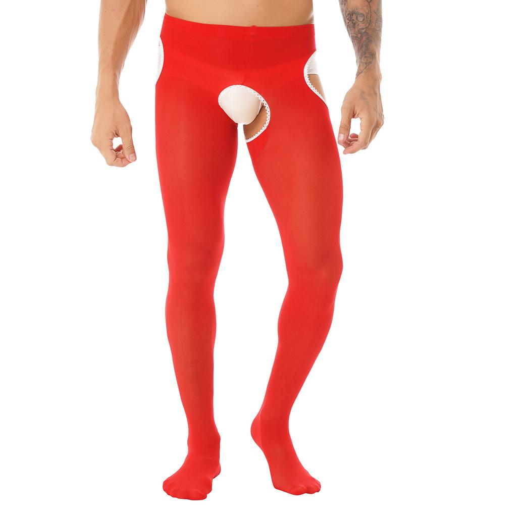 Men's Lace Trimming Pantyhose Open Crotch Long Pants Tights Leggings
