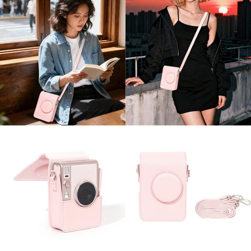 Étui d'appareil photo bandoulière étanche antichoc en cuir PU rose pour Mini EVO Sac de rangement compact avec bandoulière réglable