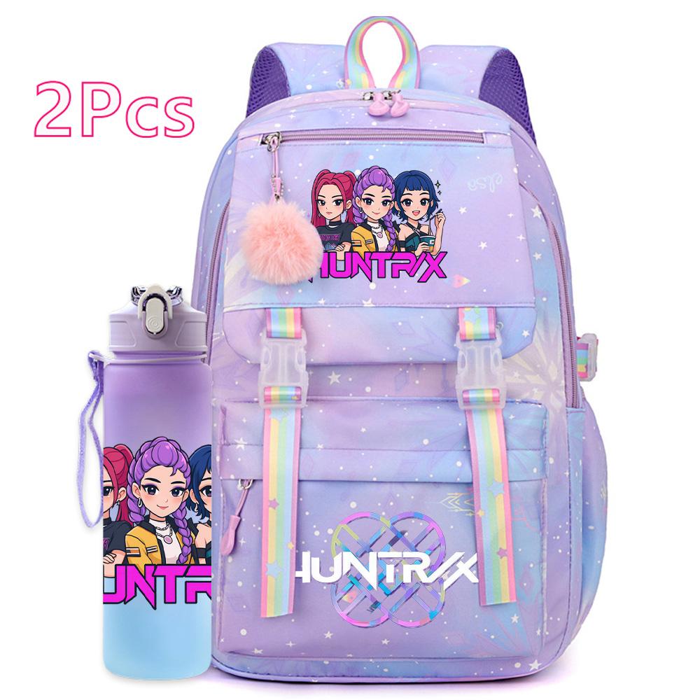 2 st/set Söt Anime Kpop Tryckt Ryggsäck 750 ml Vattenflaska Stor Kapacitet Resväska för Tonårsflicka Pojke Bokväska Barnpresent Rucksak