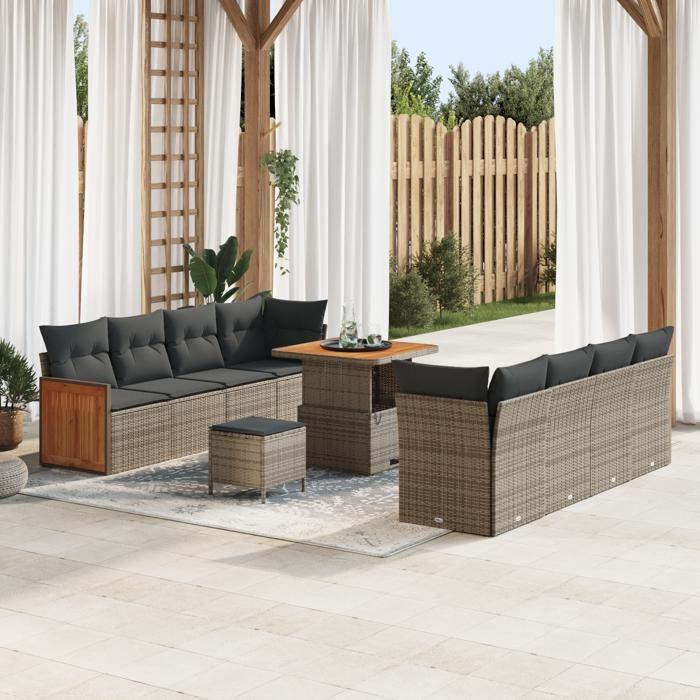 Ensemble de 11 Pièces de Canapé de Jardin avec Coussins Gris Rotin Synthétique Acacia, Ensemble 3 Pièces de Salle à 3365228
