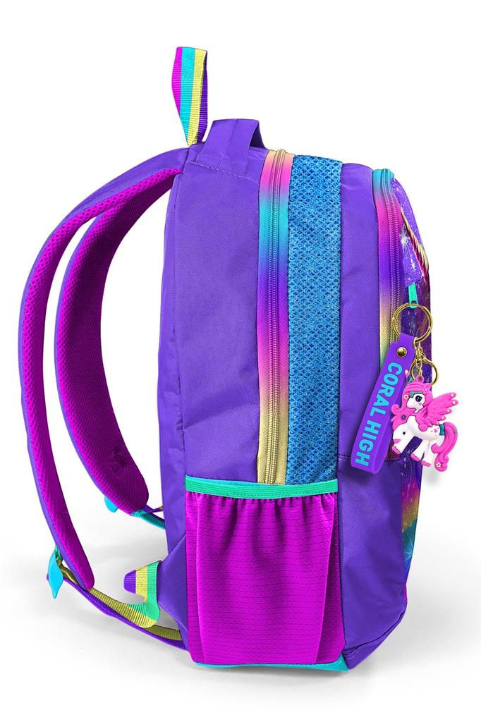 Coral High Kids Purple Glittery Unicorn Patterned Three Compartment School Backpack 23663