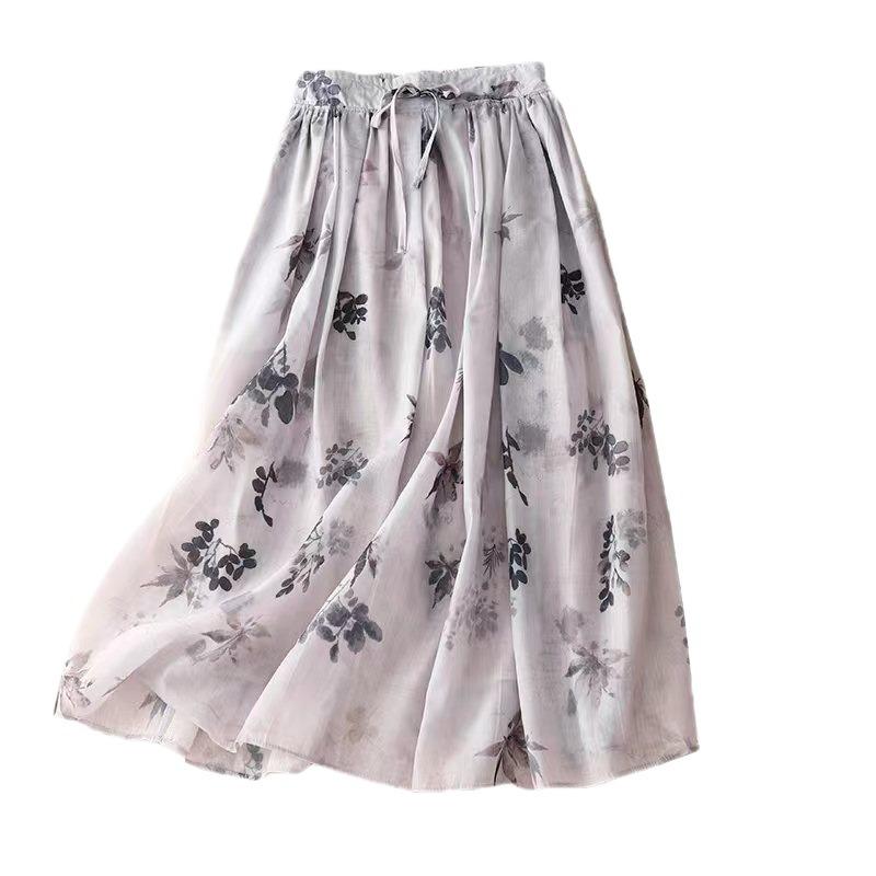 Real shot summer new literary and retro loose printing elastic waist skirt women's medium and long