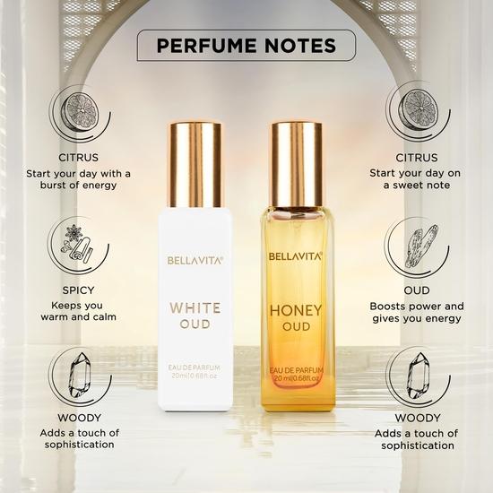 Bella Vita Luxury White Oud & Honey Oud Unisex Perfume Combo with Honey, Lemon & Patchouli , Pack of 2, 20 Ml Each