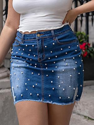 Grenzüberschreitender elastischer Denim-Rock in Übergröße mit Perlen für Damen