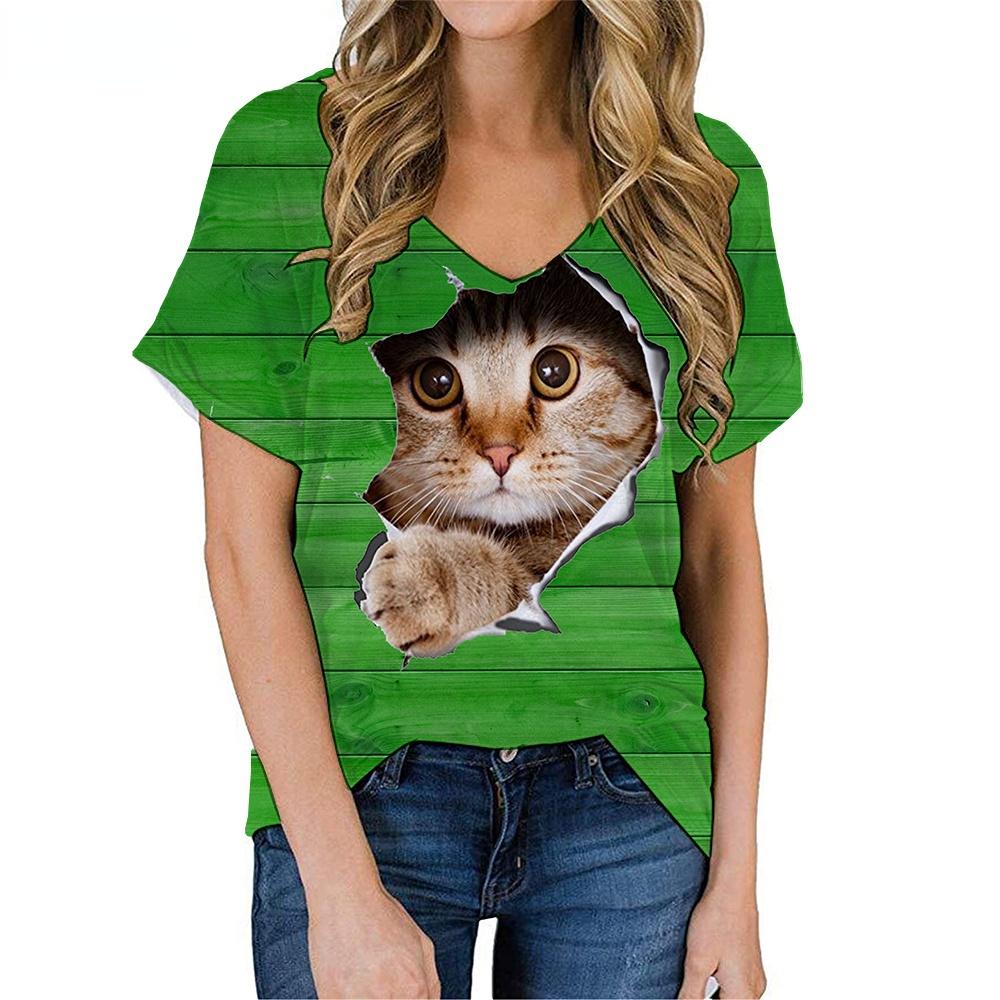 Fashion Spring  Kitten Print Blouses Short Sleeved V-Neck T Shirts Casual