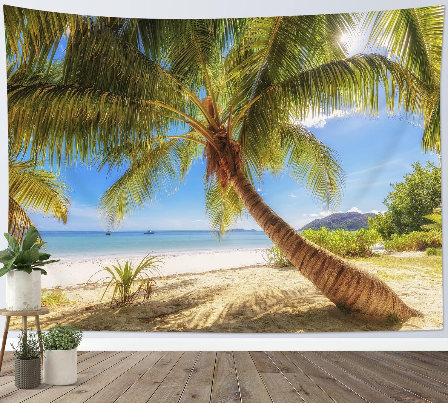 Ocean Tapestry Green Palm Tree On Tropical Beach Tapestry Wall Hanging Summer Seaside Nature Landscape Wall Art Bedroom Living 70x100CM