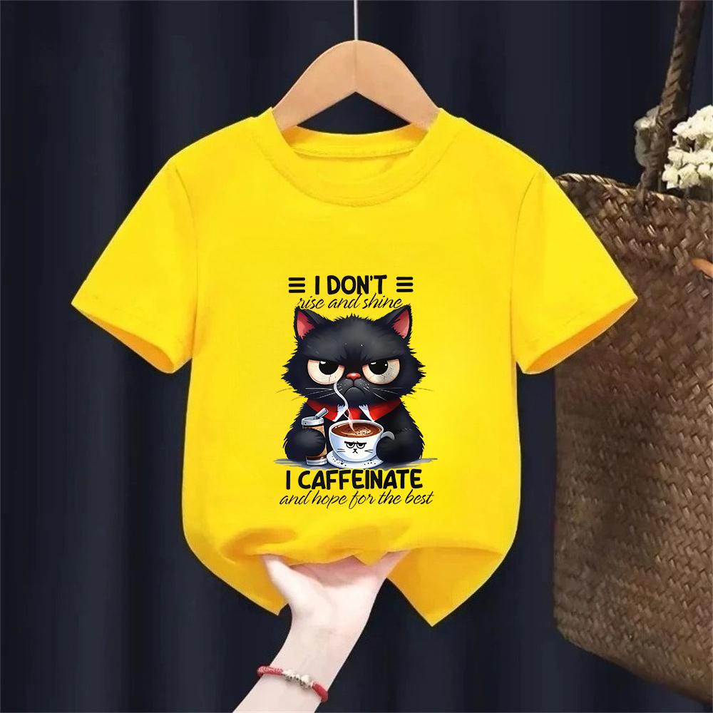 Coffee Loving Cat Print Kids 100 Cotton TShirt Soft Breathable Round Neck Short Sleeve Tee Boysgirls Quirky Style