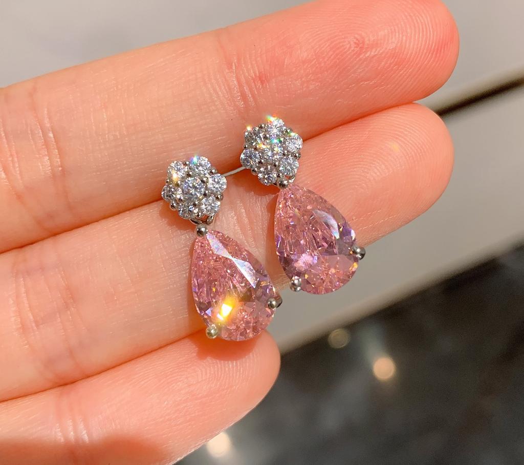 Huabi Jewelry Korean version ins tide simulation pink diamond water drop pendant water drop stud earring set 8 * 12