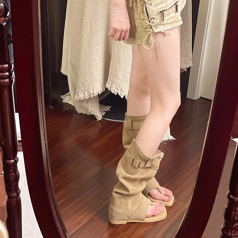 Retro niche inner height increase western cowboy herringbone trousers boots new summer toe sandals cool boots