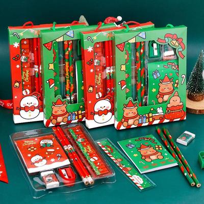 6 Peças/Conjunto Desenho Animado Natal Apontador de Lápis Borrachas Lápis Réguas Kawaii Conjunto de Papelaria Infantil Material Escolar
