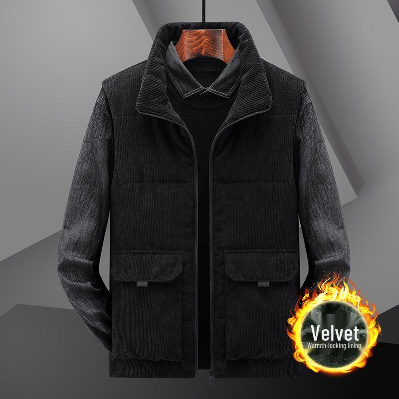 

Men s Winter Fleece-Lined Corduroy Vest - Thick, Plus Size, Stand Collar, Sleeveless Jacket with Multi-Pocket Design. 2XL