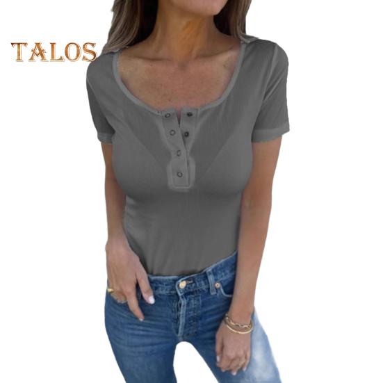 Dame T-skjorte O-hals Knapper Halv knepping Kort ermet T-skjorte Ensfarget Slim fit Pullovertopper Hverdagsbruk