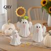 Decorative Ghost Sculpture Light Up Ceramic Figurines for Halloween Decor, Cute White Statue Gift Party with Pink Tongue, LED Night Home Table Office