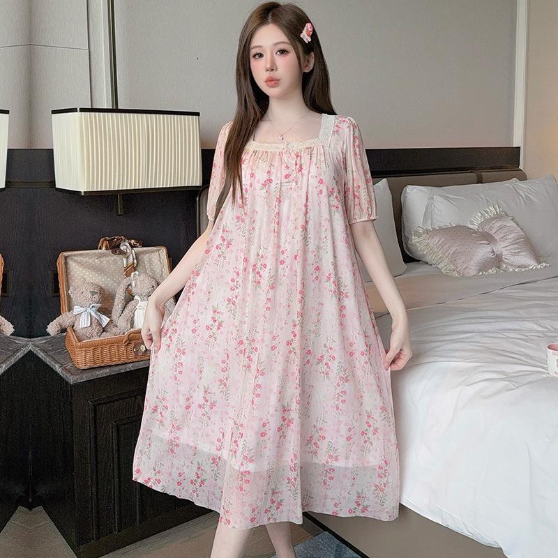 Linglei Summer Princess Style Mesh Short-Sleeved Nightdress Court Style Lace Japanese Printed Pajamas Loungewear Women
