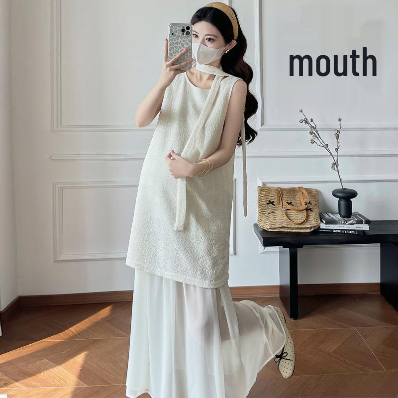 2026 Summer Stylish Spliced Maternity Dress with Streamers M