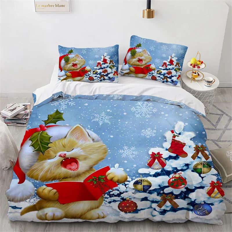Cat Merry Christmas Santa Claus Bedding Set Boys Girls Twin Queen Size Duvet Cover Pillowcase Bed Boys Adult Home Textileextile