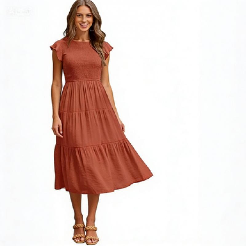 Women's Flying Sleeve Pleated Layered Short Sleeve Large-Swing Dress