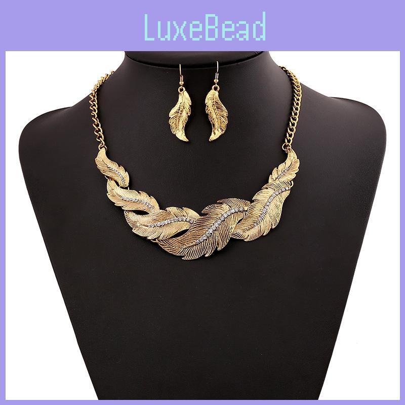 Rhinestone Decoration Fashion Feather Design Women Gold Necklace And Earring Set