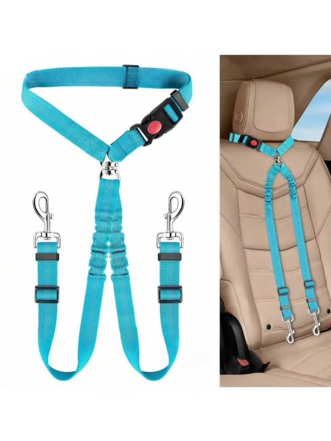 1Pcs Pet Dog Seat Belt Car Supplies Dog Cat Car Fixed Dog Chain Buffer Traction Car Safety Rope One Belt Two Dog Leash