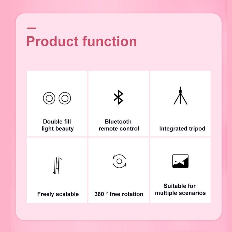 Treppiede Selfie Stick Bluetooth Pieghevole Con Luce Anello LED - Nero/Rosa, Universale