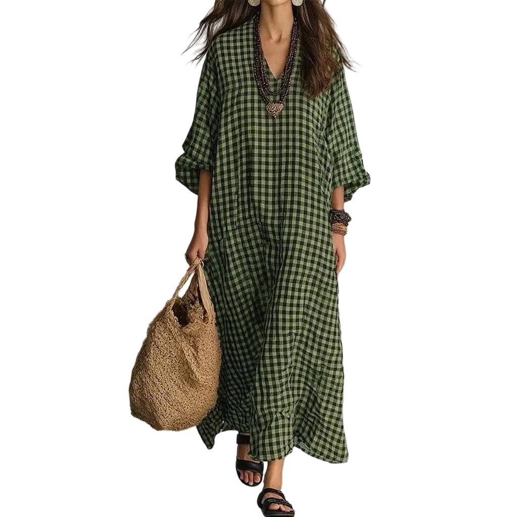Women's Retro Plaid Loose Fit Cotton Linen Casual Dress