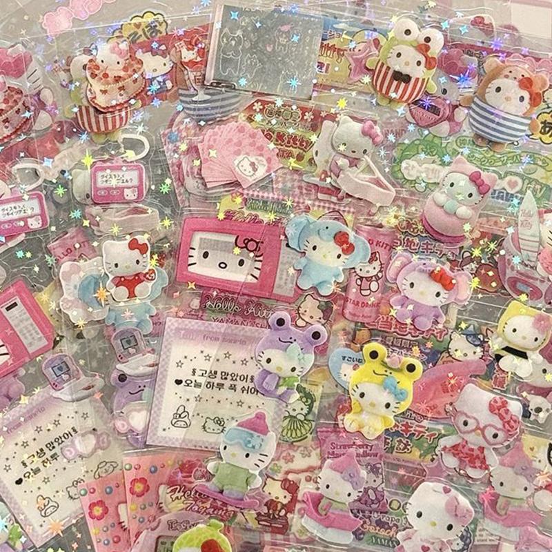 5/10 szt. Kreskówkowe Urocze Naklejki Hello Kitty Rilakkuma Wycinane Naklejki Anime Materiał do Rękodzieła Brokatowe Laserowe Naklejki Zabawka dla Dzieci