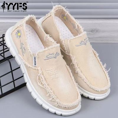 Men's Fashionable Canvas Casual Shoes with Raw Edges and Embroidered Details