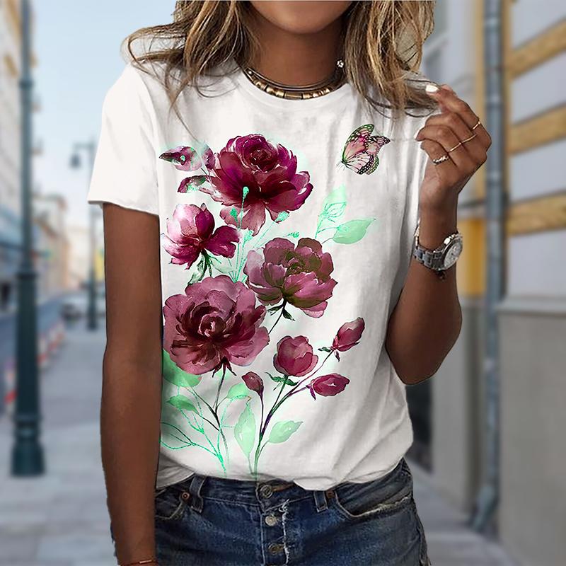 Dámské letní tričko trend květinový potisk retro móda trička s krátkým rukávem ležérní potištěné topy