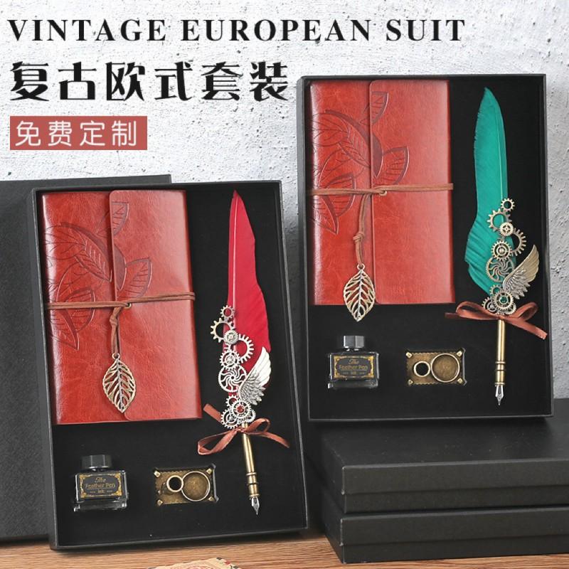 Vintage Feather Dip Pen Set With Notebook Creative Gift Students Teachers Business Use