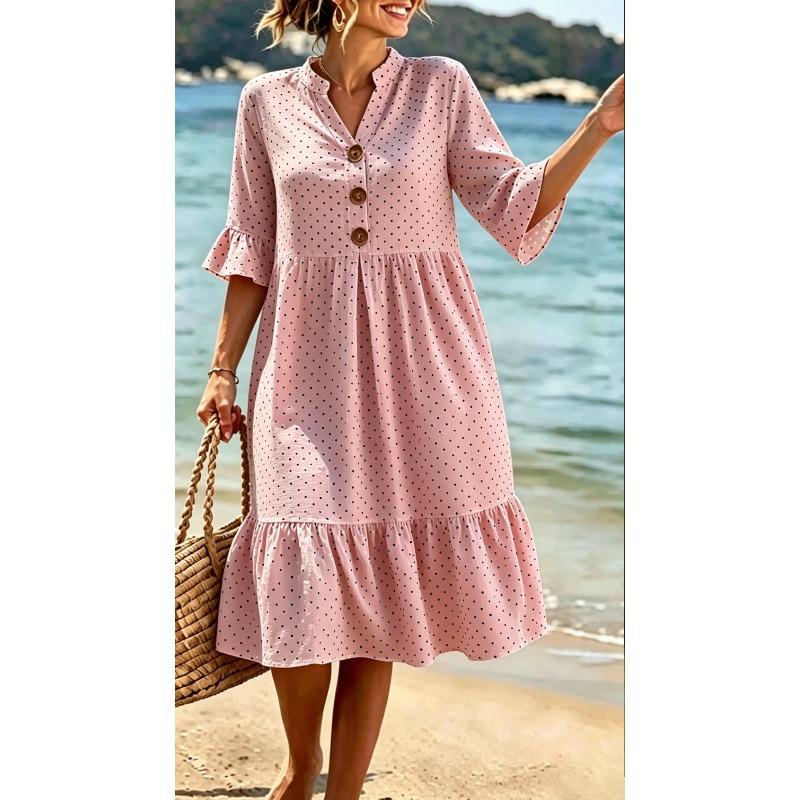 JPNTKY Women's 3/4 Sleeve V-Neck Fashion Summer Spring Casual Dresses