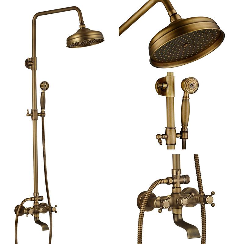 Antique Brass Shower Faucet Mixers Dual Handle Rainfall 8" Brass Shower Head with Bath Storage Shelf and Hooks Shower Water Tap