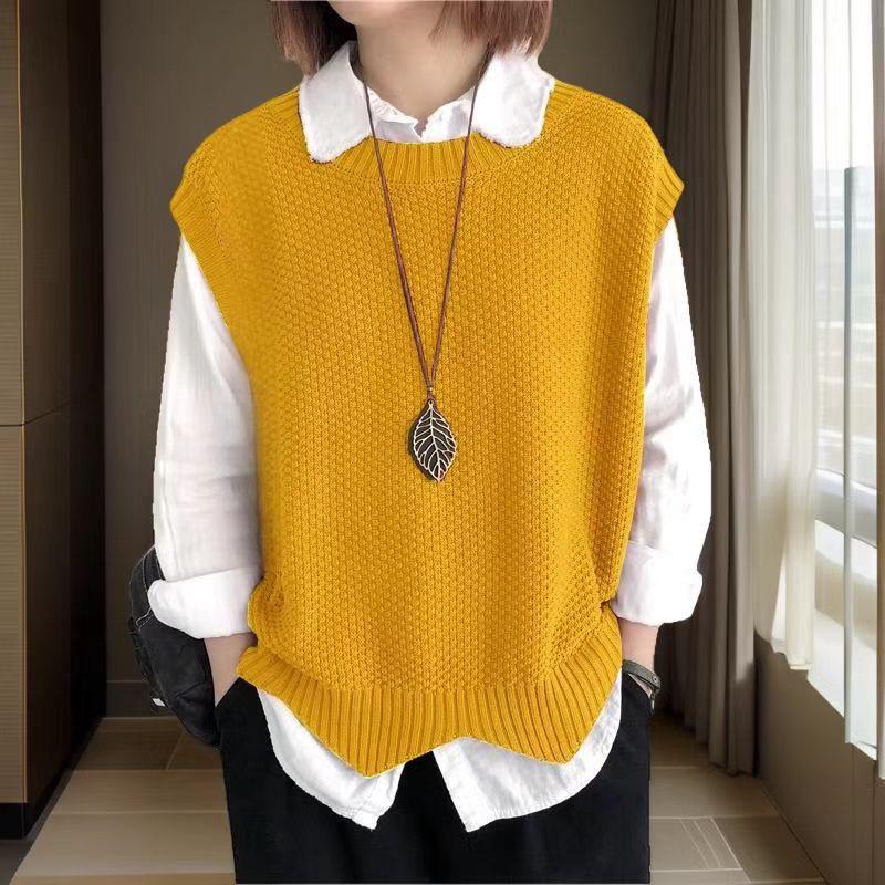 

Женский повседневный вязаный жилет свободного кроя с волнистым низом и круглым вырезом жёлтый