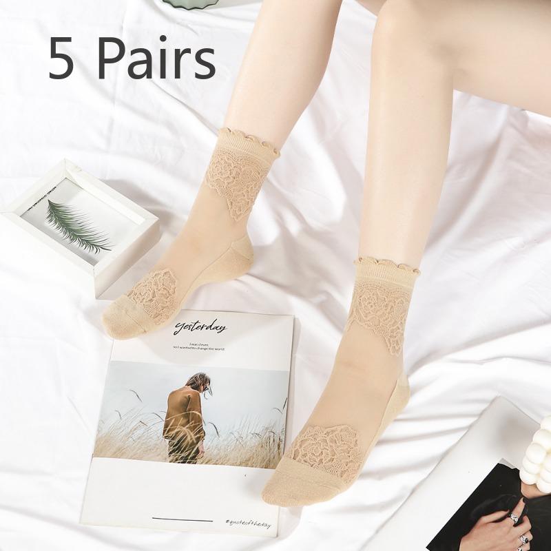 

5 пар женских летних тонких носков-трубок из хлопка с розовым кружевом, дышащих 5 Pairs телесный