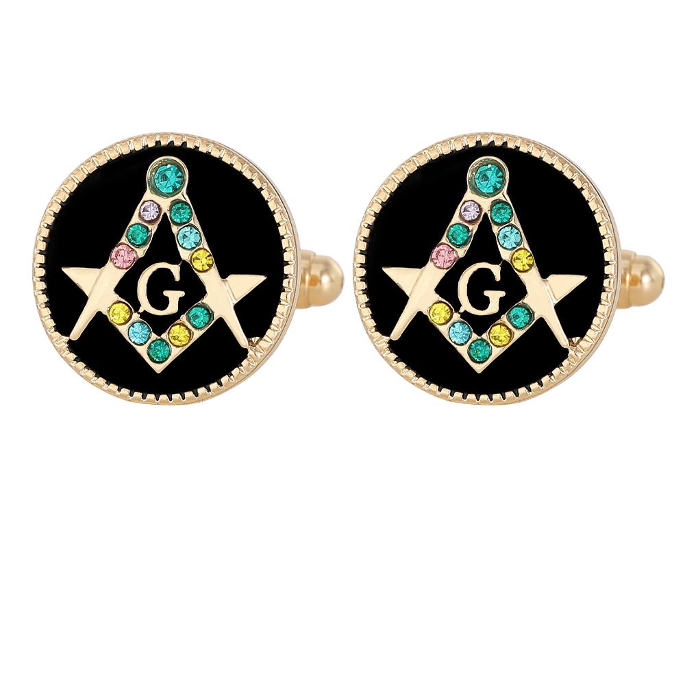 Funny Masonic Symbols Pattern Round Crystal Cufflinks Freemason Emblem Logo Golden Mens Sleeve Button For Senior Masons