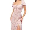 Women's Summer Floral Puff Sleeve Halter Dress with Square Neck