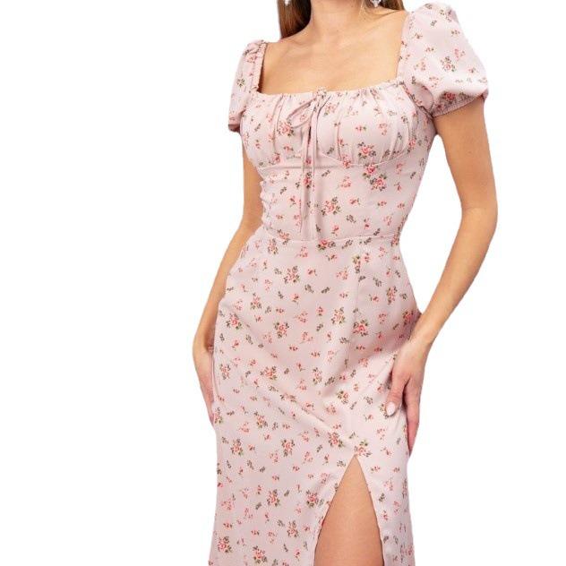 Women's Summer Floral Puff Sleeve Halter Dress with Square Neck