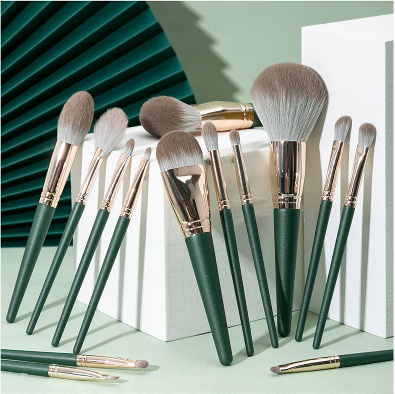 14-Piece Green & Blue Makeup Brush Set - Includes Eyeshadow, Face Brushes, and Portable Case