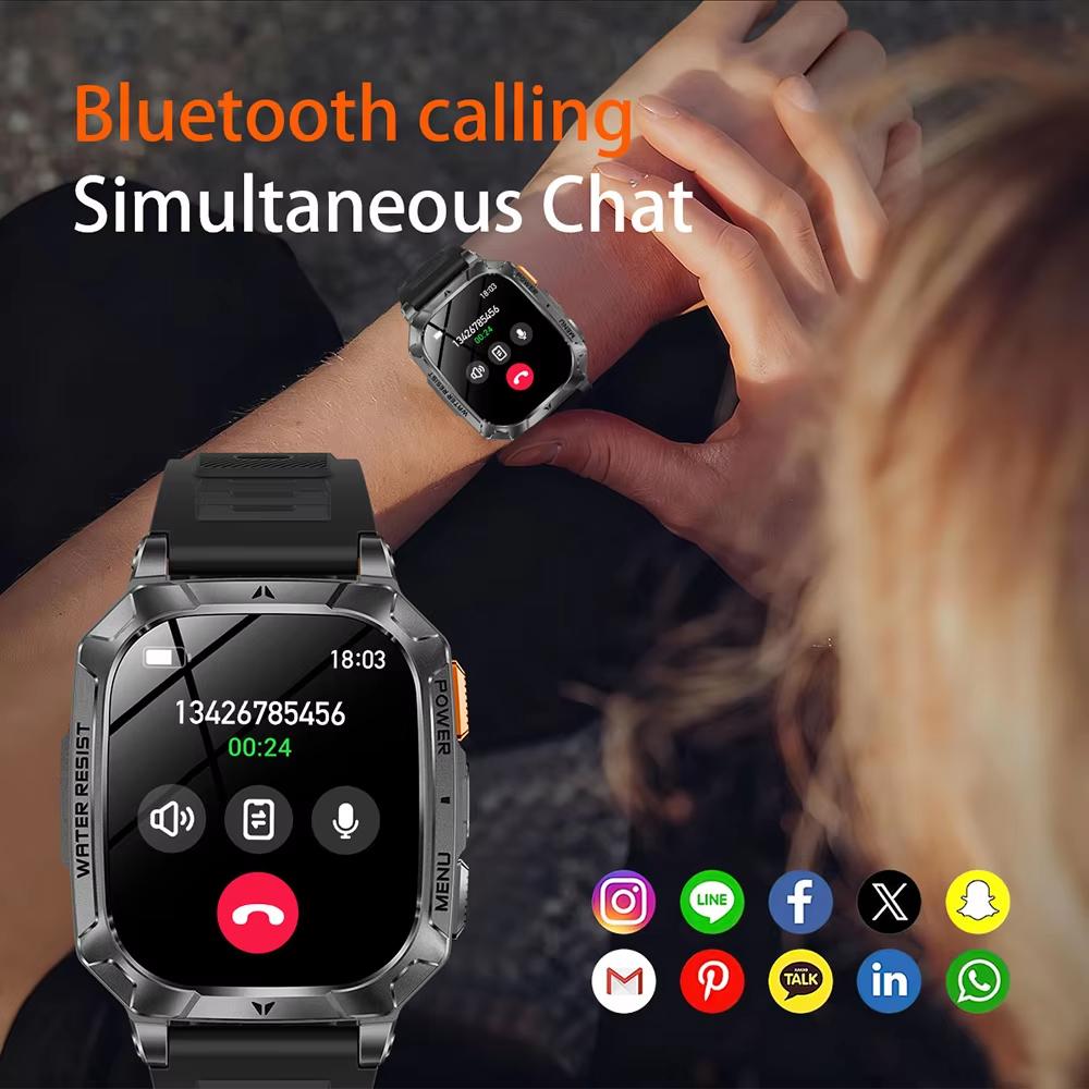 For Android iOS Watch Smart Call Sports Monitor Health Flashlight Waterproof IP68 Men Smartwatch Military Battery 1400 mAh New