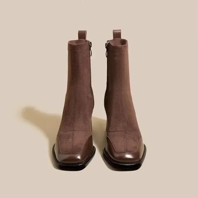 Fashion Women's Boots Square Toe Solid Shoes for Women Trend Outdoor Short Tube Boots Square Heel Zippered High Heels Zapatos De Mujer