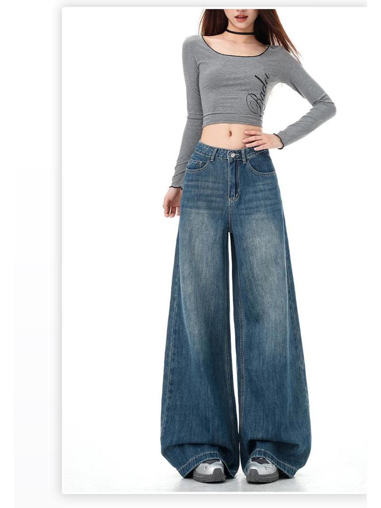Women's Vintage High-Waisted Wide-Leg Jeans - Non-Clingy, Loose Fit for Spring and Autumn